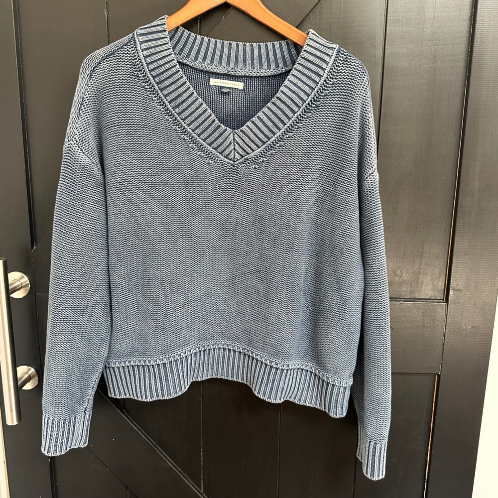 American Eagle Blue Cotton V-Neck Oversized Knit Sweater Size Small Boho Slouchy